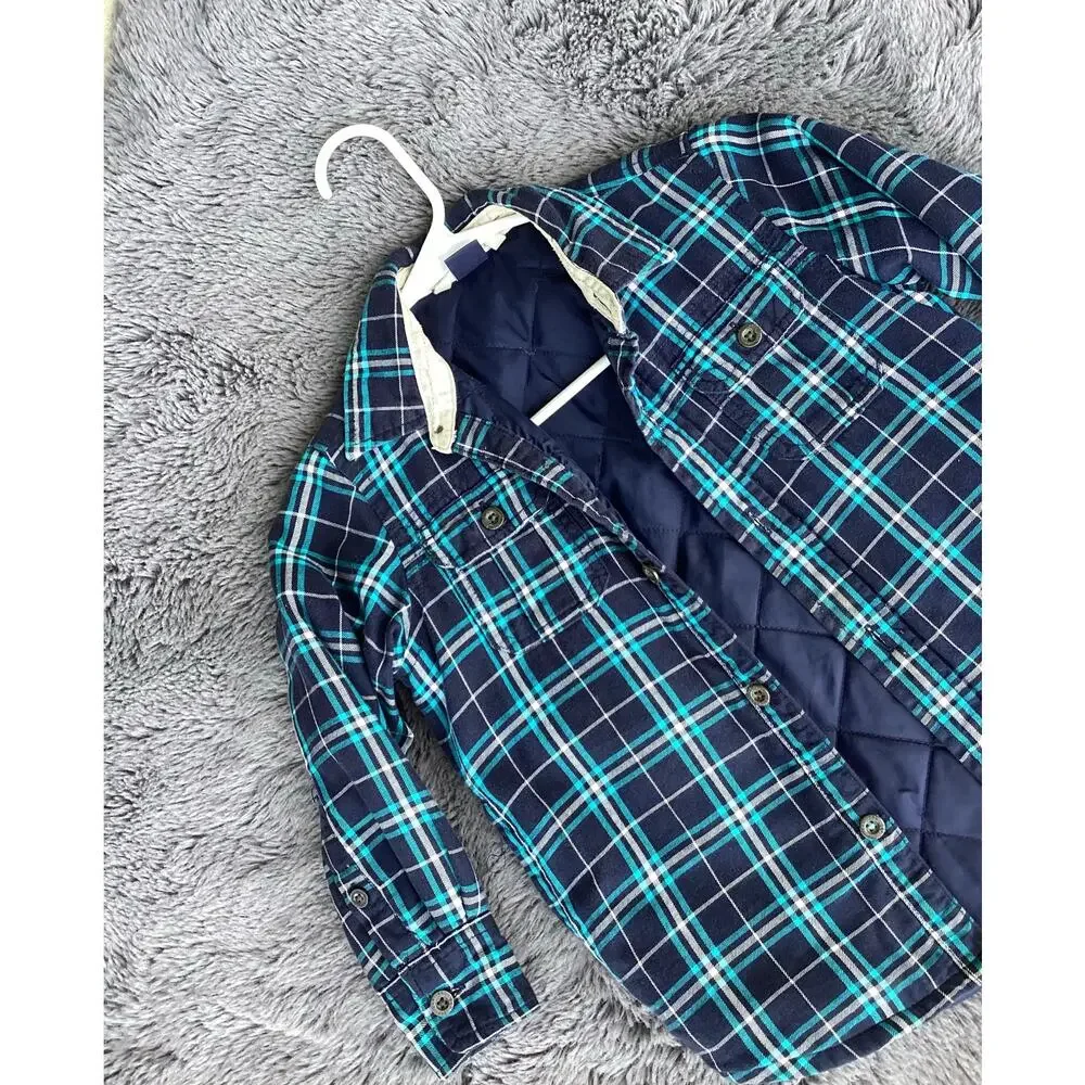 Gapkids Boys Quilted Lined Plaid Button Front‎ Jacket Winter Blue Green Size XS